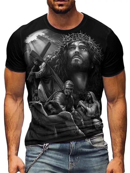Men'S Plus Size Jesus 3D Print Short Sleeve T-Shirt - Soft Polyester Comfortable Round Neck Tee with Cross & Figures Design