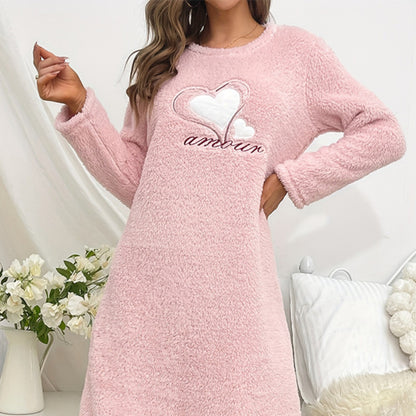 winter pink love flannel long sleeve padded nightgown