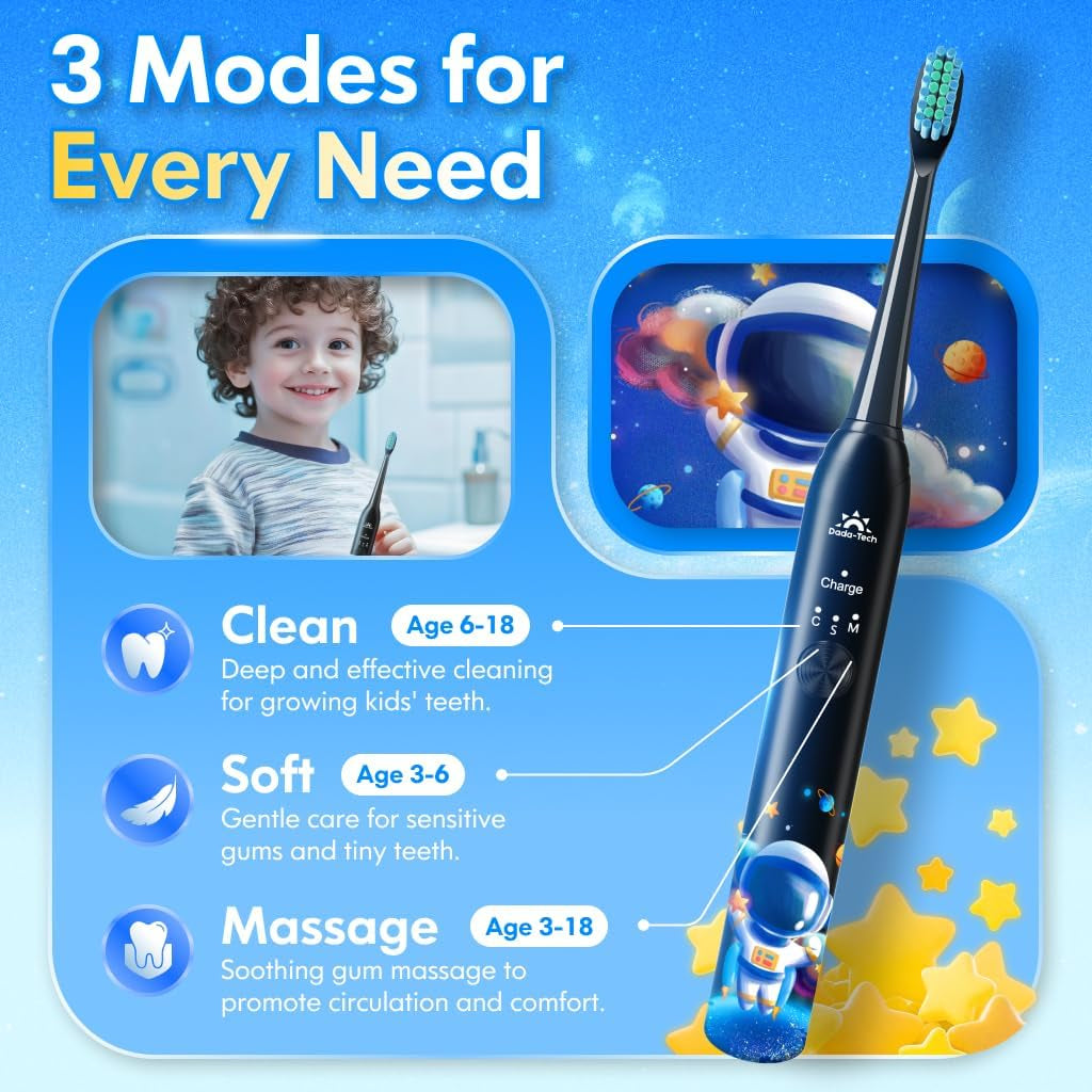 Kids Electric Toothbrush Rechargeable Age 3-5-6-12-18 Year Old, Sonic Toothbrush Kids with Timer 3 Modes 4 Vibrating Heads Habit Stickers Tooth Brush for Girls Boys and Childrens (Astronaut Black)