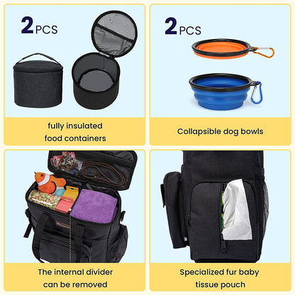 Professional Dog Travel Bag with Collapsible Bowls, Backpack, Airline-Approved Organizer, and Travel Food Containers - Black