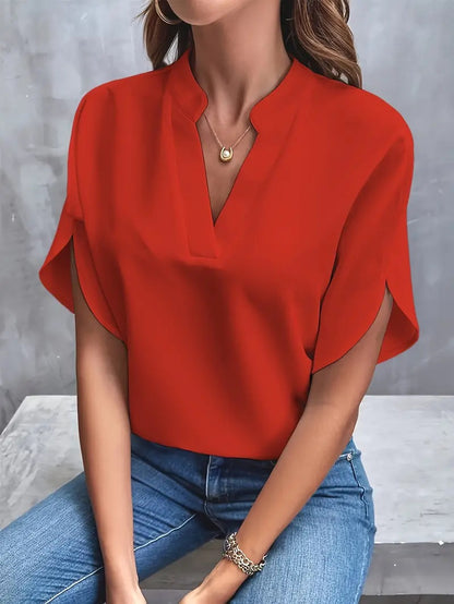 Casual Solid Color V-neck Loose Shirt Top Women