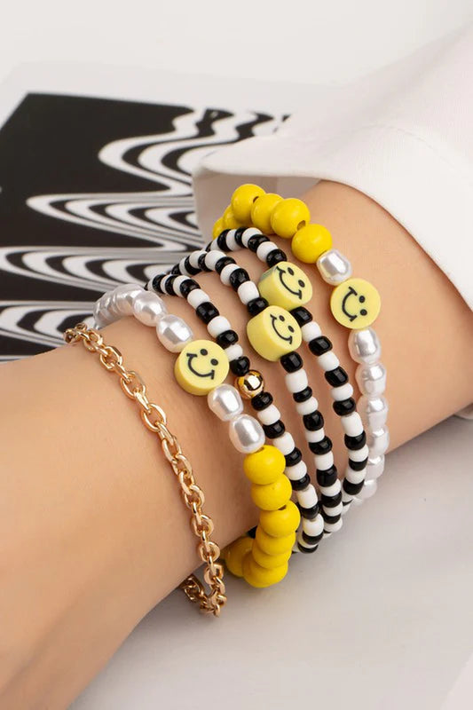 6 Beaded Bracelets Set with Polymer Smiley Face