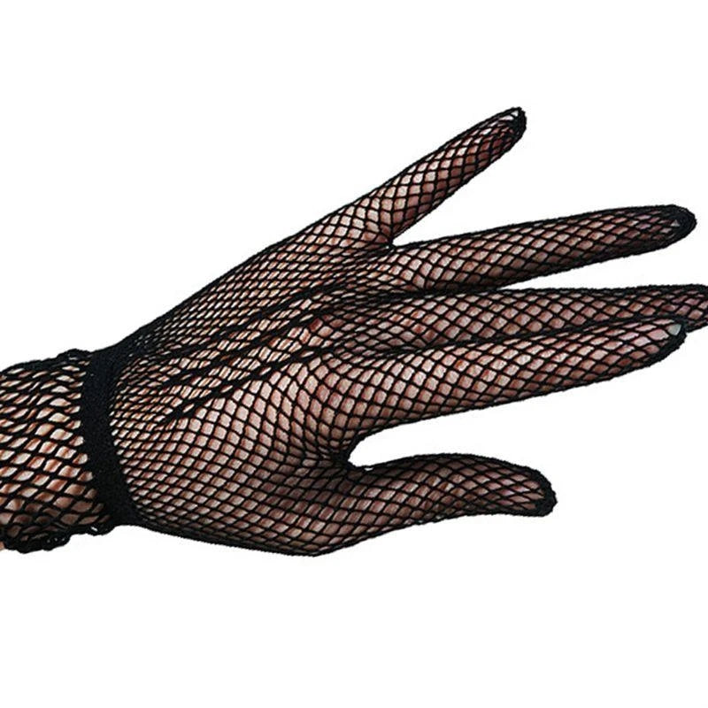 652F Women Girls Summer UV-Proof Mesh Net Gloves Solid Color Full Finger Mittens for Wedding 80s Retro Party