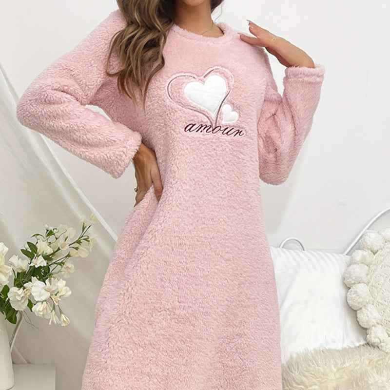 winter pink love flannel long sleeve padded nightgown