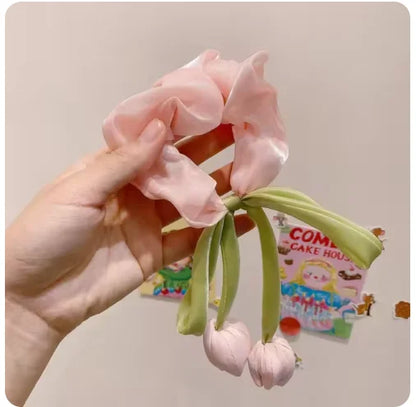 Cuerda para el pelo de tulipán rosa para niña, diadema atada a mano, lazo, borlas de flores, accesorios para el cabello, dulce,