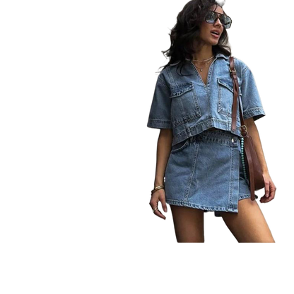 Street Style Denim Suit with V-Neck Top and Culottes