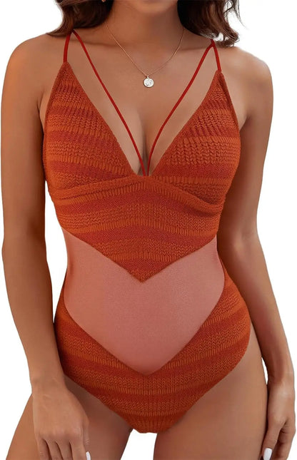 Womens One Piece Swimsuits-Sexy Deep V Neckline Tummy Control Bathing Suit Slimming Mesh Swimwear