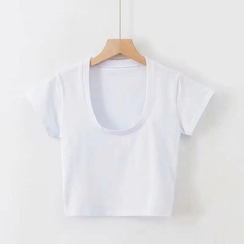 Summer Slim T-Shirt Women Sexy Short Sleeve T Shirt U-Neck Gray Tee Female Solid Basic Black/White Korean Crop Tops