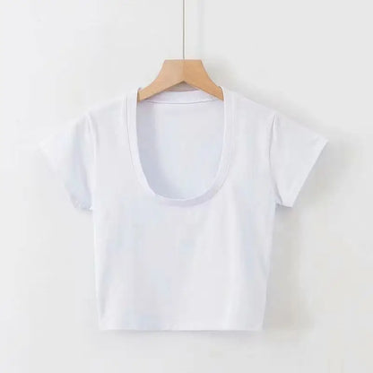 Summer Slim T-Shirt Women Sexy Short Sleeve T Shirt U-Neck Gray Tee Female Solid Basic Black/White Korean Crop Tops