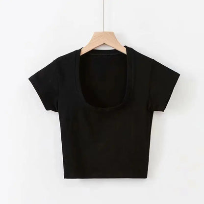 Summer Slim T-Shirt Women Sexy Short Sleeve T Shirt U-Neck Gray Tee Female Solid Basic Black/White Korean Crop Tops