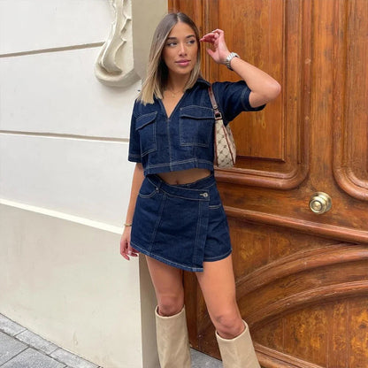 Street Style Denim Suit with V-Neck Top and Culottes