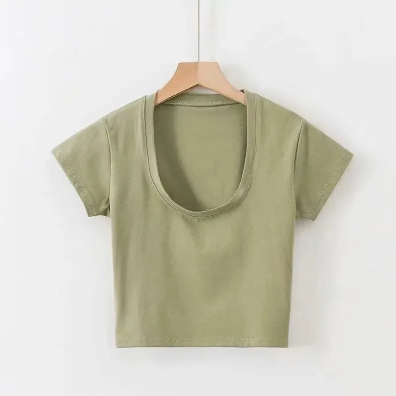 Summer Slim T-Shirt Women Sexy Short Sleeve T Shirt U-Neck Gray Tee Female Solid Basic Black/White Korean Crop Tops