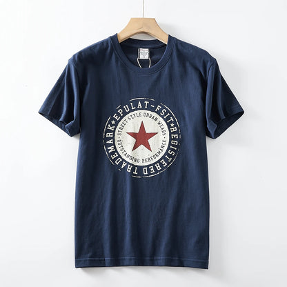 2025 Summer New American Retro Short Sleeve O-neck Pentagram Printed T-shirt Men's Fashion 100% Cotton Washed Casual Youth Tops