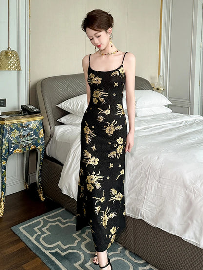 Noble Fashion Black Gold Print Elegant Luxury Evening Dress Women Sexy Sling Long Robe Party Club Prom Vestidos Vacation Clothes