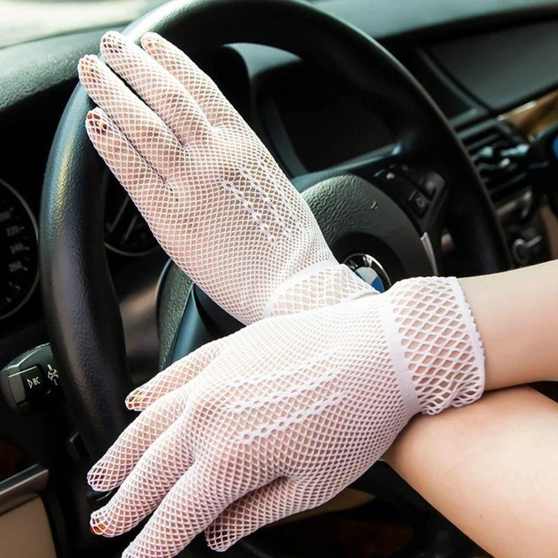 652F Women Girls Summer UV-Proof Mesh Net Gloves Solid Color Full Finger Mittens for Wedding 80s Retro Party