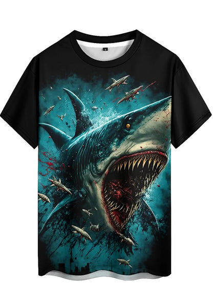 Men's 3D Shark Print T-Shirt - Black Gradient Design with Blood Splatter, Loose Fit, Breathable Fabric, Fun Cartoon Pattern