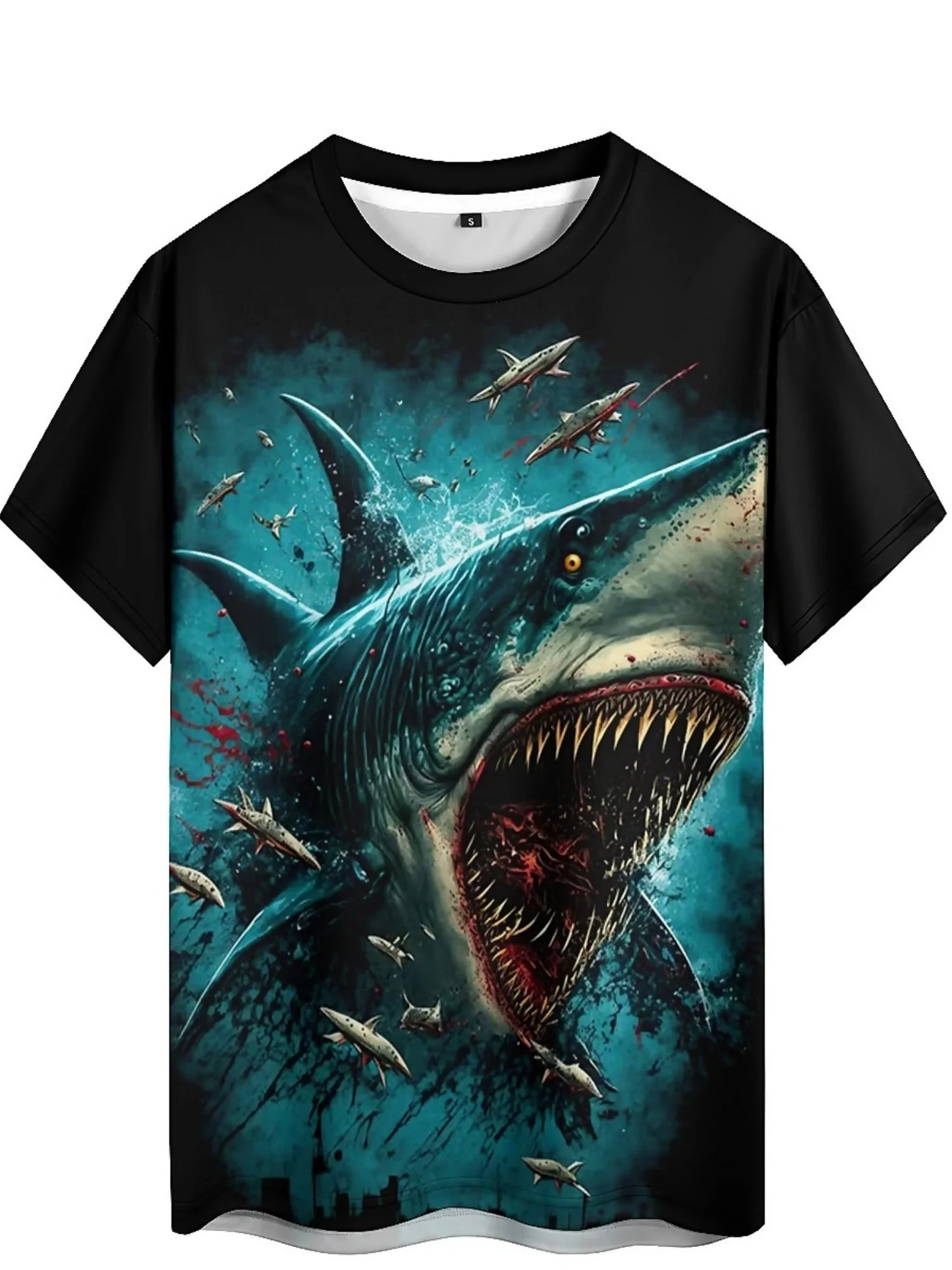 Men's 3D Shark Print T-Shirt - Black Gradient Design with Blood Splatter, Loose Fit, Breathable Fabric, Fun Cartoon Pattern