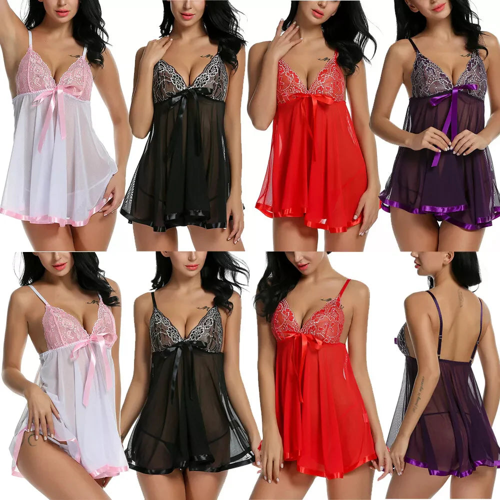 Women'S Sexy Lingerie Babydoll Sleepwear Underwear Lace Dress G-String Nightwear
