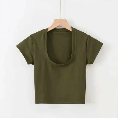 Summer Slim T-Shirt Women Sexy Short Sleeve T Shirt U-Neck Gray Tee Female Solid Basic Black/White Korean Crop Tops
