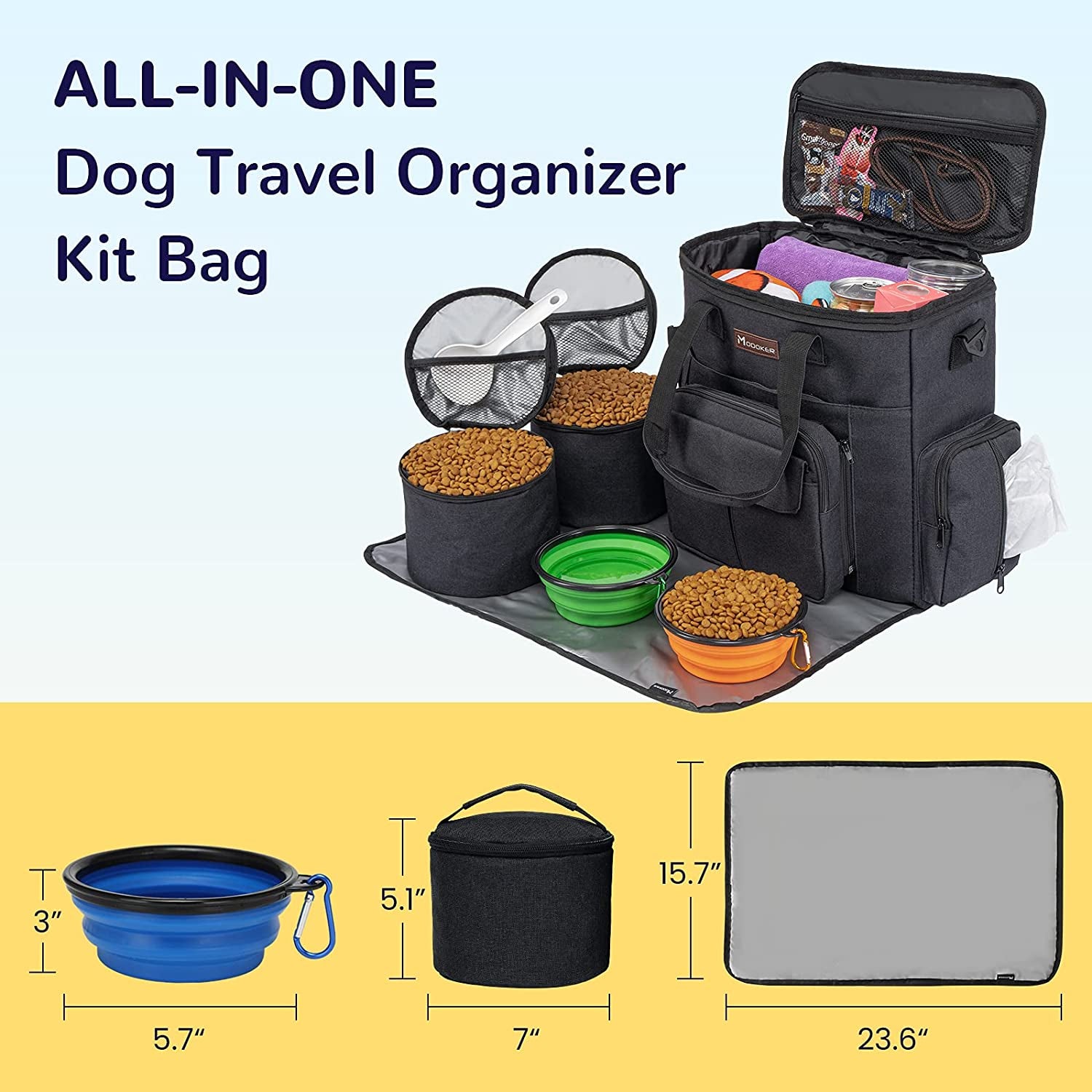 Professional Dog Travel Bag with Collapsible Bowls, Backpack, Airline-Approved Organizer, and Travel Food Containers - Black