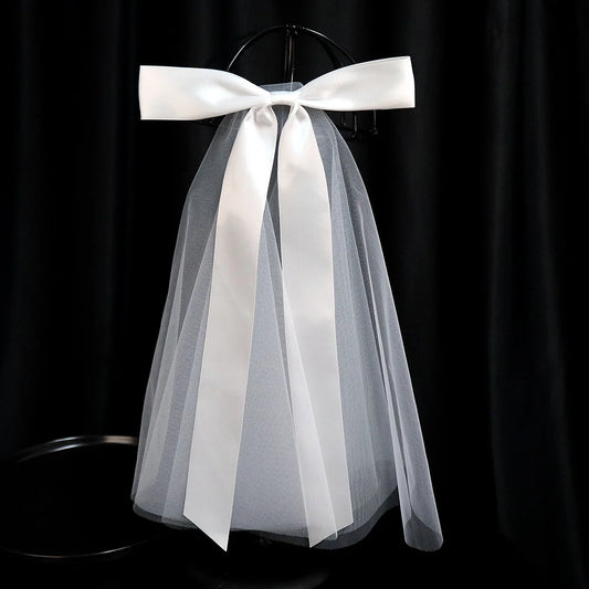 Wedding Accessories Short Simple White  Hair Veil With Clips Handmade Hairwear Engagement Bow knot Bridal Veil Headdress