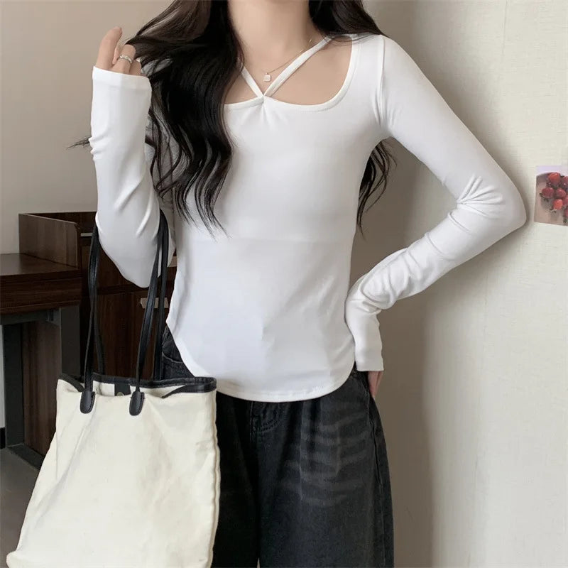 New Winter Sexy Black T-shirt Women Kpop Japanese Y2K Vintage Tee Shirt Woman Autumn Skinny Korean Fashion White Clothes Tops