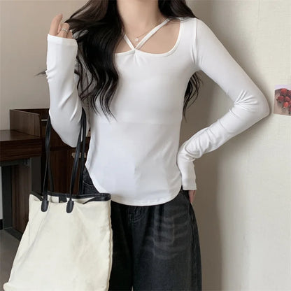 New Winter Sexy Black T-shirt Women Kpop Japanese Y2K Vintage Tee Shirt Woman Autumn Skinny Korean Fashion White Clothes Tops
