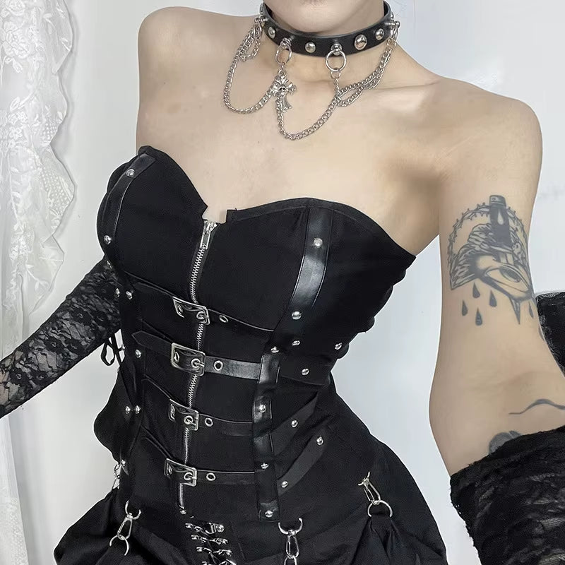 Punk Grunge Leather Buckle Strapless Corset Tops Mall Gothic Zip Women Tupe Top Y2K Coquette Streetwear Alt Tanks Vest