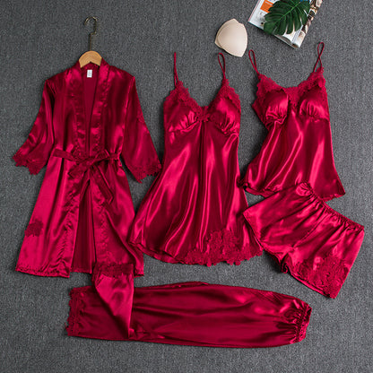 Women's Ice Silk Pajama Set Five-piece Home Clothes