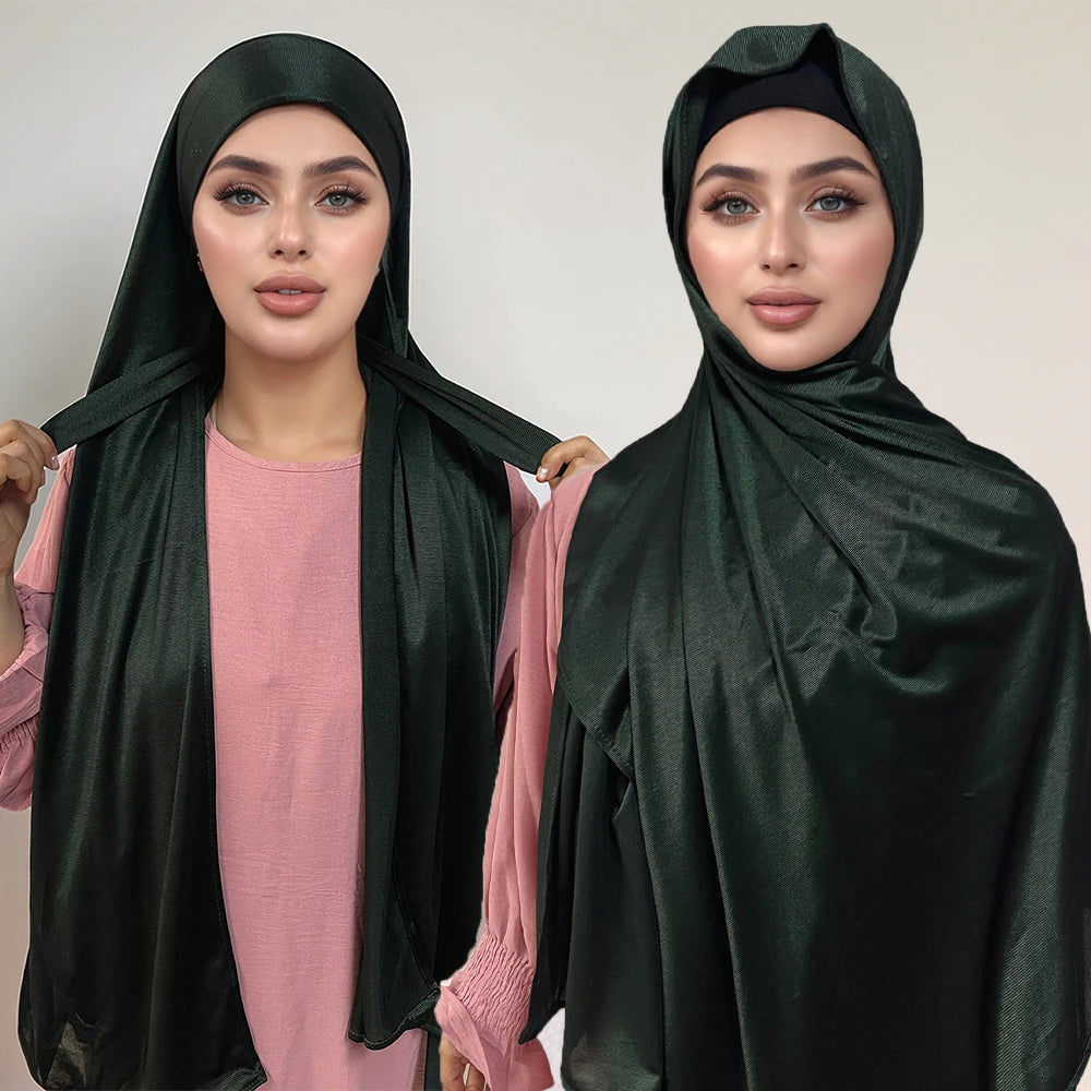 High Quality Instant Hijab with Band Muslim Women Hijab Plain Premium Scarf Bright Silk Headscarves Wide Edges Shawl