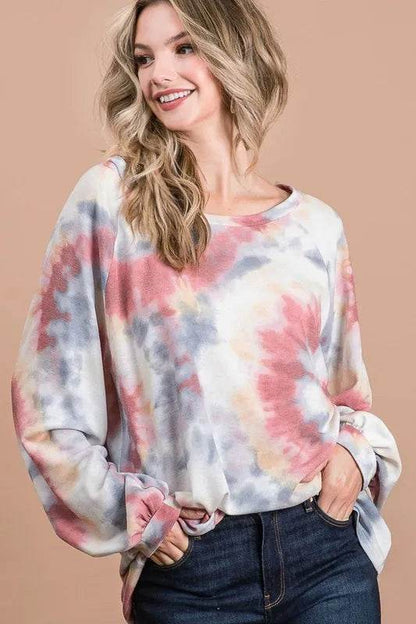 Bibi Tie Dye Print Terry Top with Puff Sleeves