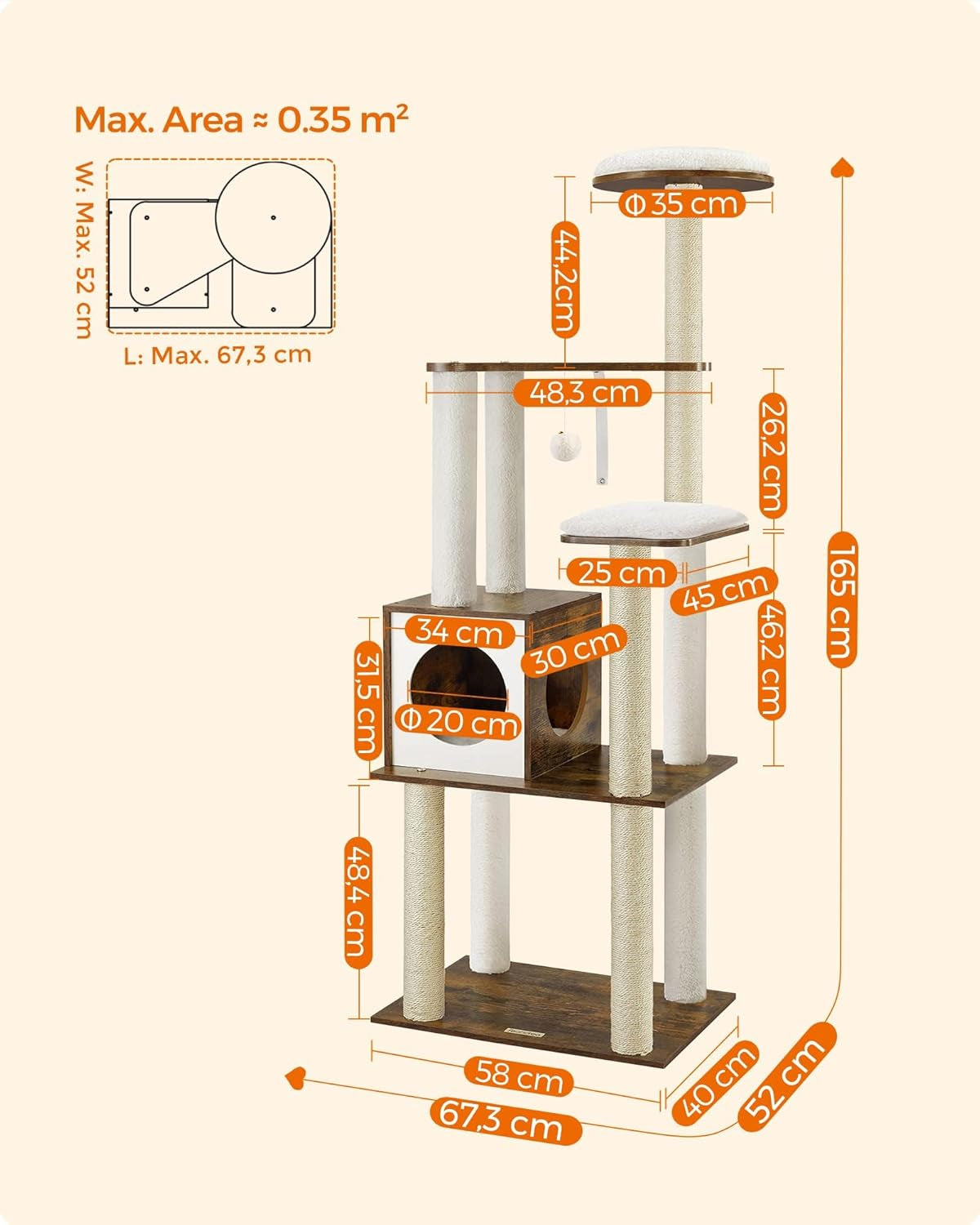 Woodywonders 65-Inch Modern Cat Tower - Multi-Level Indoor Cat Condo with 5 Scratching Posts, Perch, and Washable Removable Cushions in Rustic Brown