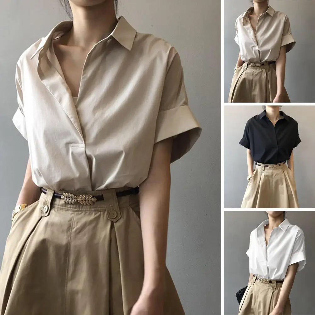 2025 Summer Shirts Women Shirt Fashion Loose Solid Tops Short Sleeved Blouse Casual Solid Buttons Down Blusas