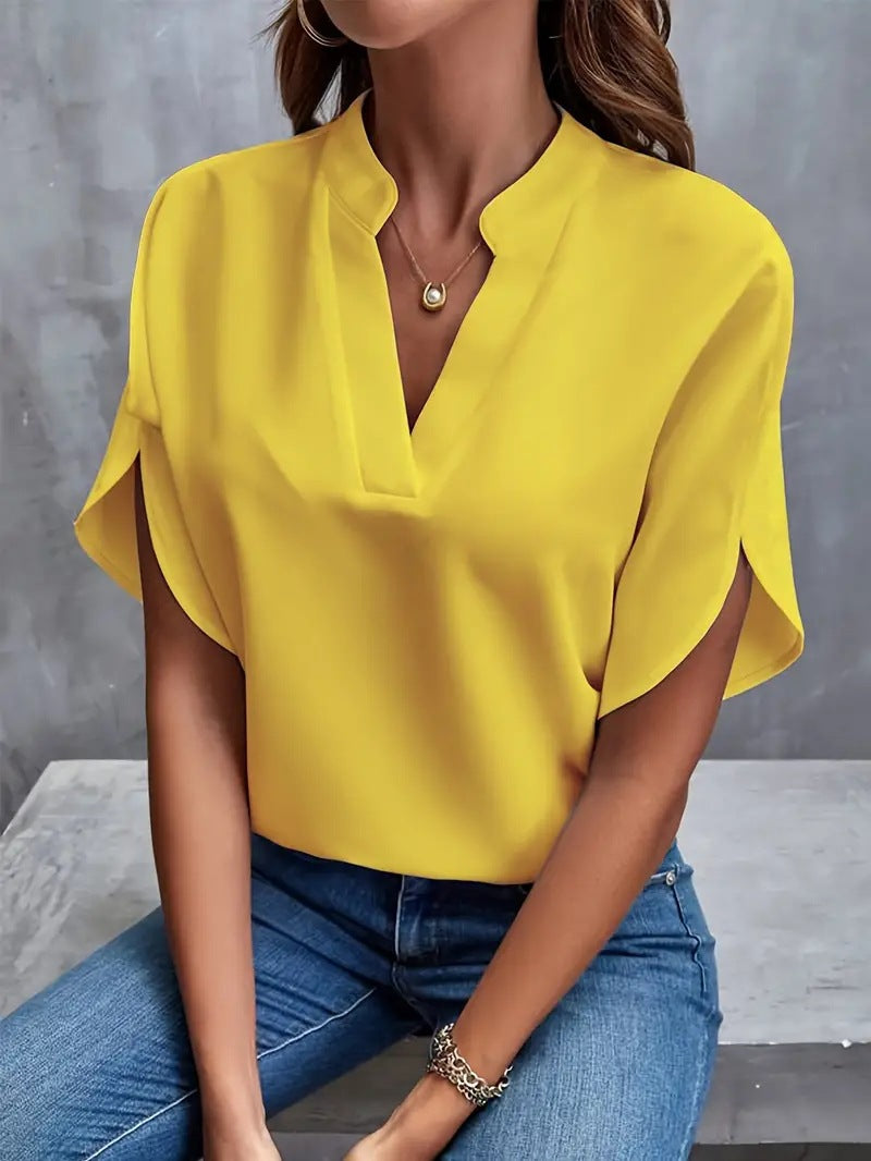 Casual Solid Color V-neck Loose Shirt Top Women