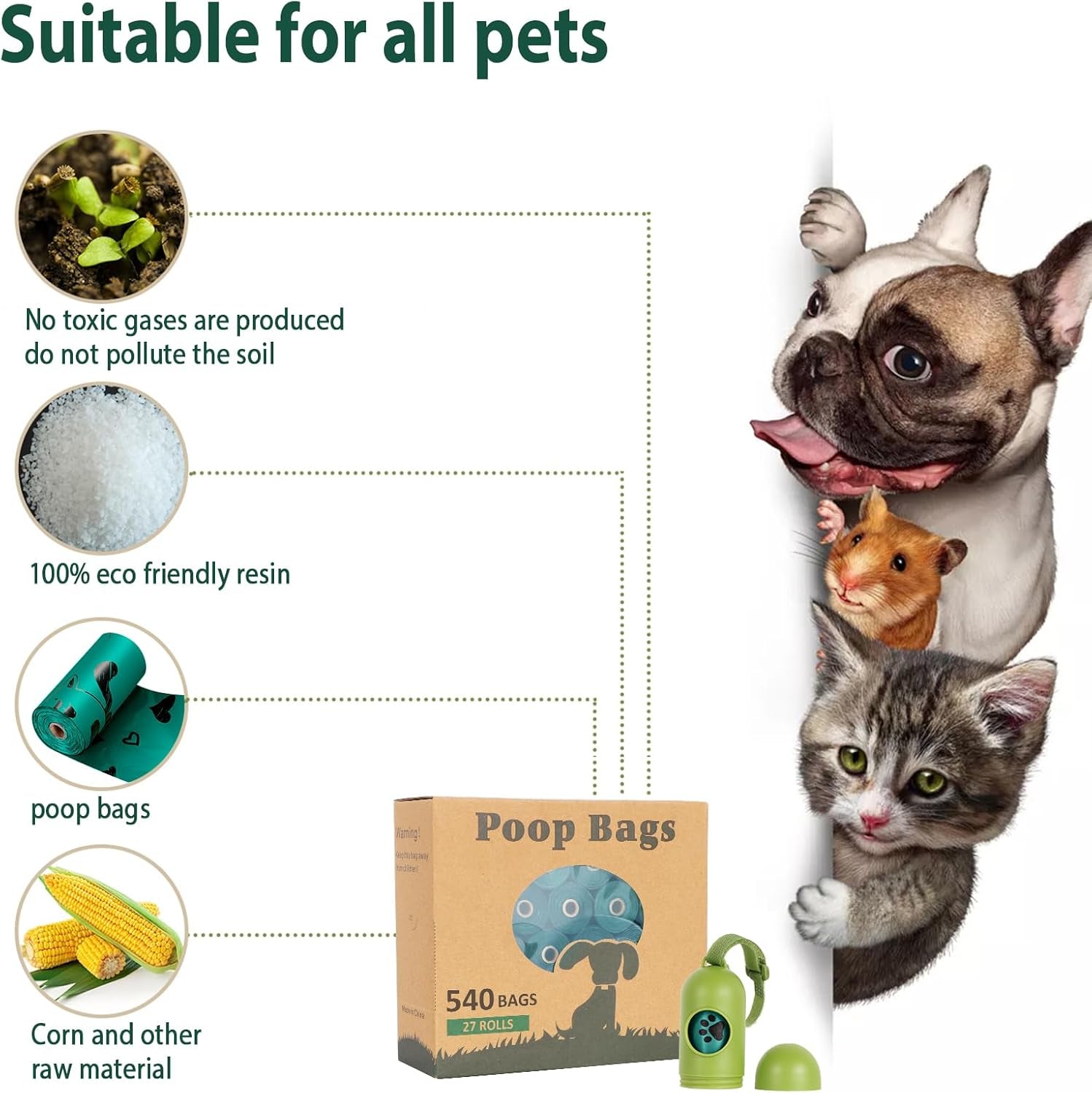Dog Waste Bag Rolls - 540 Count Extra Thick, Leak-Proof, Scented Poop Bags with Dispenser in Dark Green