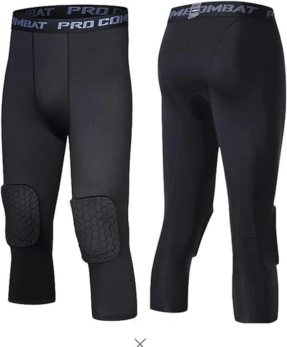 Men'S Basketball Sports Tight Pants 3/4 Compression Workout Leggings Knee Pads