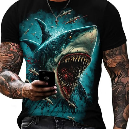 Men's 3D Shark Print T-Shirt - Black Gradient Design with Blood Splatter, Loose Fit, Breathable Fabric, Fun Cartoon Pattern