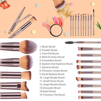 Makeup Brushes 15PCS Champagne Gold Professional Makeup Brush Set Foundation Brush Blending Powder Blush Concealer Eye Make up Brush with Bag