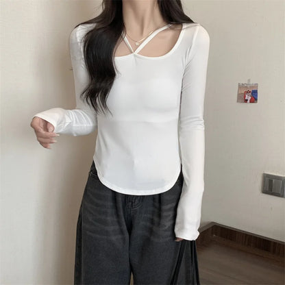 New Winter Sexy Black T-shirt Women Kpop Japanese Y2K Vintage Tee Shirt Woman Autumn Skinny Korean Fashion White Clothes Tops