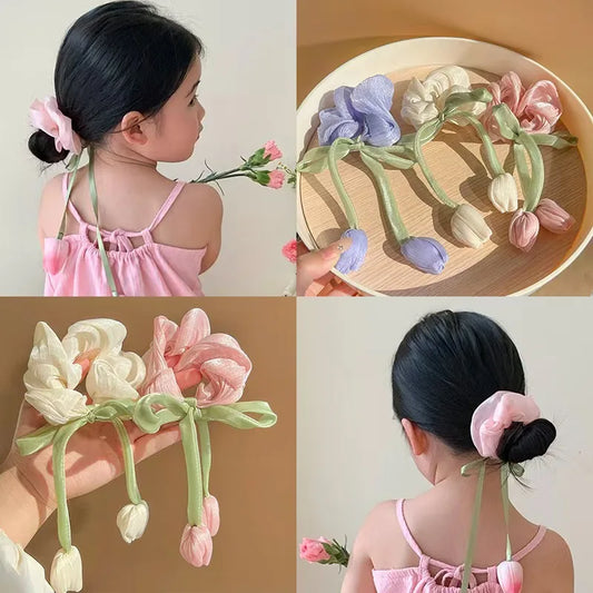Cuerda para el pelo de tulipán rosa para niña, diadema atada a mano, lazo, borlas de flores, accesorios para el cabello, dulce,
