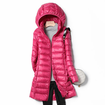 A mid-length, lightweight down jacket for women