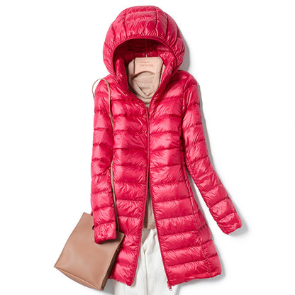 A mid-length, lightweight down jacket for women