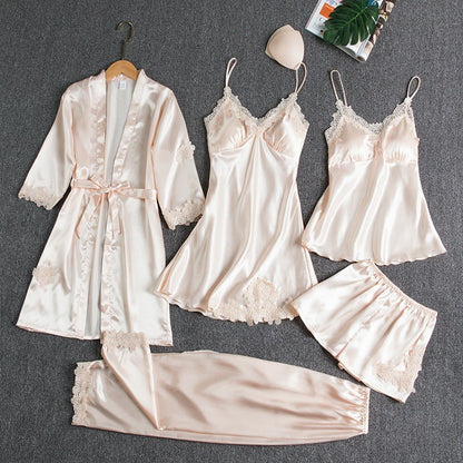 Women's Ice Silk Pajama Set Five-piece Home Clothes