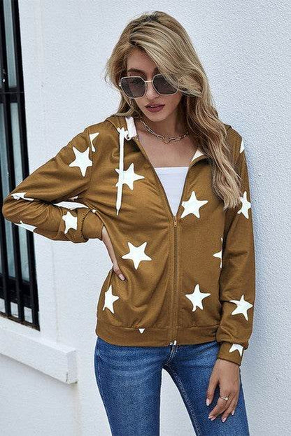 Stars Print Zip up Long Sleeve Drawstring Hoodie