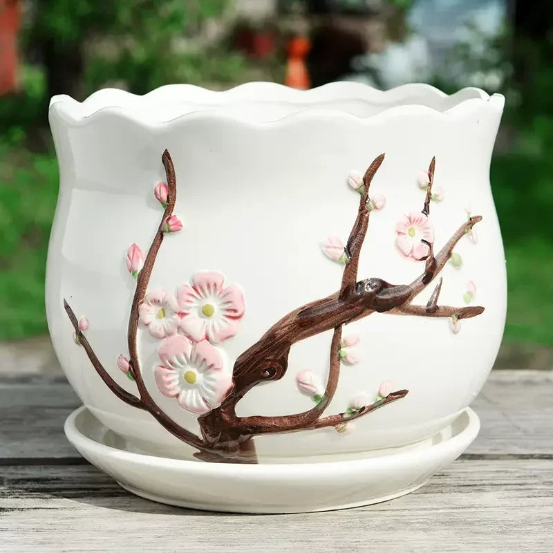 Flower Pot Ceramic Simple with Tray Creative Extra Large Household Beiouyang Terrace Green Plant Bonsai