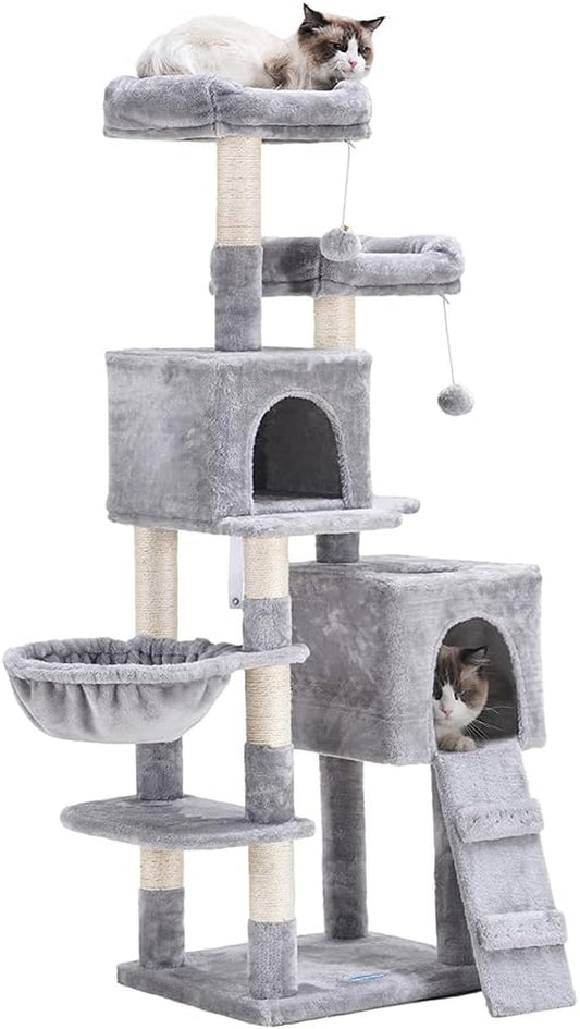58-Inch Multi-Level Cat Tree with Sisal-Covered Scratching Posts, Two Plush Condos, and Hammock for Cats and Kittens - Light Gray MPJ013W