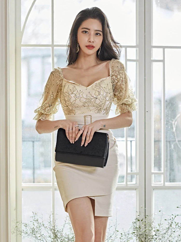 New Arrival Women V-neck Formal Dress Fashion Casual Comfortable Party Elegant Sexy Cute Slim Perspective Asymmetrical Dress