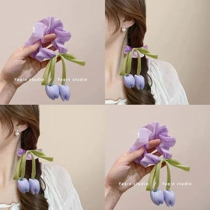 Cuerda para el pelo de tulipán rosa para niña, diadema atada a mano, lazo, borlas de flores, accesorios para el cabello, dulce,
