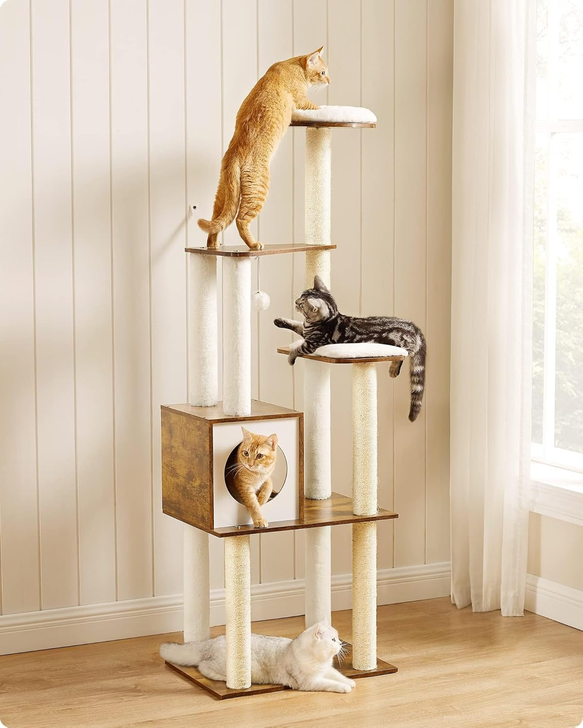 Woodywonders 65-Inch Modern Cat Tower - Multi-Level Indoor Cat Condo with 5 Scratching Posts, Perch, and Washable Removable Cushions in Rustic Brown