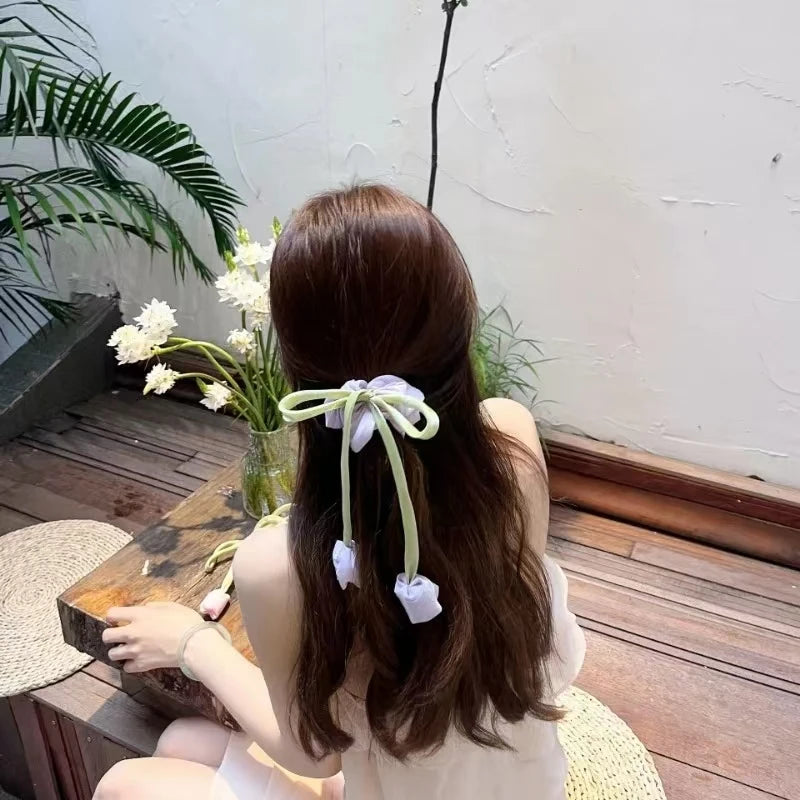 Cuerda para el pelo de tulipán rosa para niña, diadema atada a mano, lazo, borlas de flores, accesorios para el cabello, dulce,